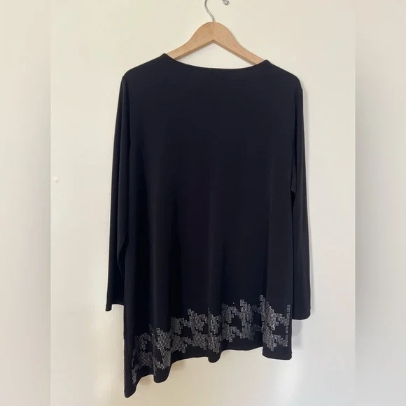 Susan Graver Artisan Womens Top Black 1X Asymmetrical Rhinestone Casual Shimmer - Picture 3 of 16